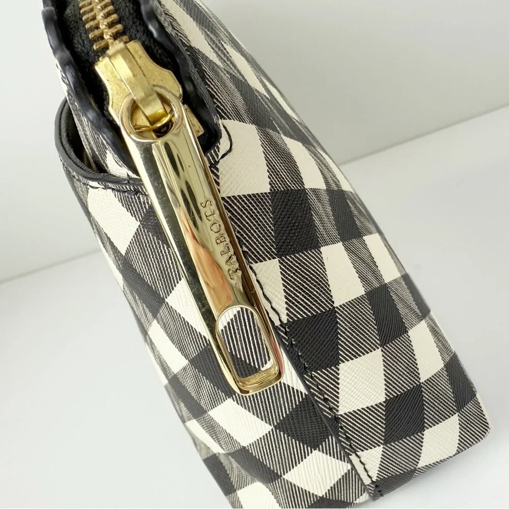 Talbots Cosmetic Makeup Bag Womens Black Cream Gingham Scallop Zipper Travel
